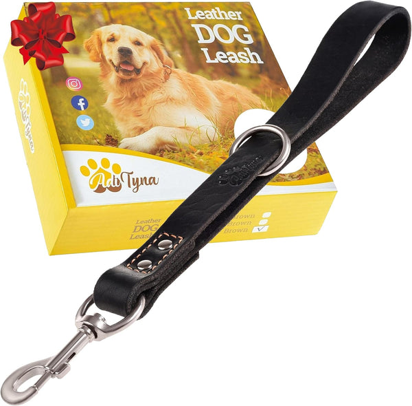 ADITYNA Short Leather Traffic Dog Leash - 12" length x 1" wide for Medium, Large, Extra-Large Breeds