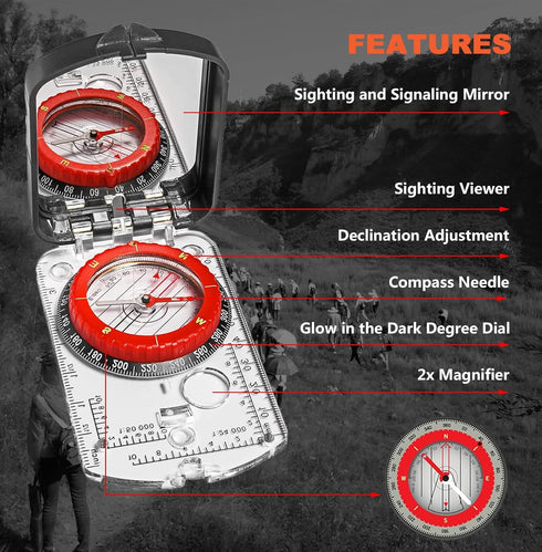 Pro Hiking Compass Survival Gear and Equipment, Waterproof, Glow-in-The-Dark with Mirror Sighting Orienteering Map Reading Compass with 35-Ft Paracord Rope for Hiking Camping Orienteering Hunting