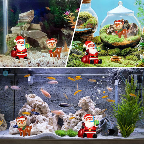 Christmas Aquarium Decoration, 2pcs Santa Claus Reindeer Figurines Resin Ornament for Holiday Fish Tank
