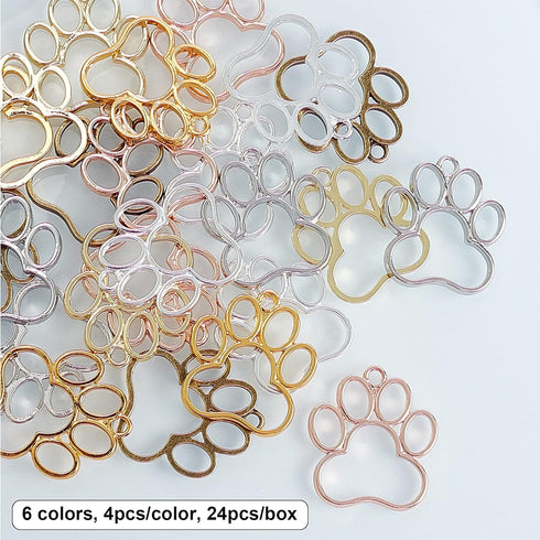 OLYCRAFT 24PCS Dog Paw Open Bezel Charms, 29x32mm Alloy Frame Pendants for Resin Jewelry Making – 6 Colors