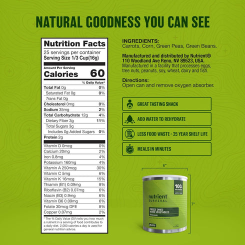 #10 25-Year Freeze-Dried Mixed Vegetables Can | Shelf Life | Emergency Food | Premium Non-GMO Blend