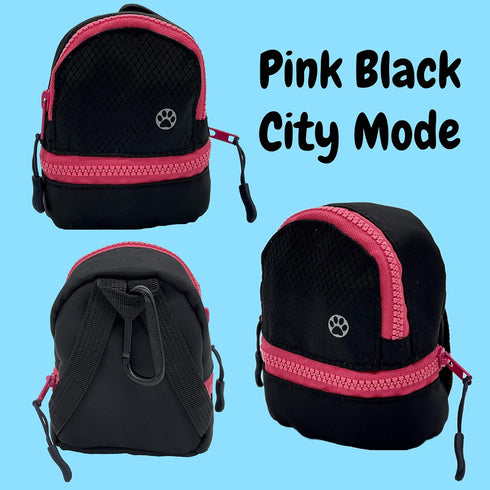 LLC Dog Backpack, Cat Backpack, Small Carrier | Clip on Harness or Leash, Fun Pet Treat Holder, Toy Bag, or Waste Dispenser | OG Neon Series Color (Pink Black City Mode)