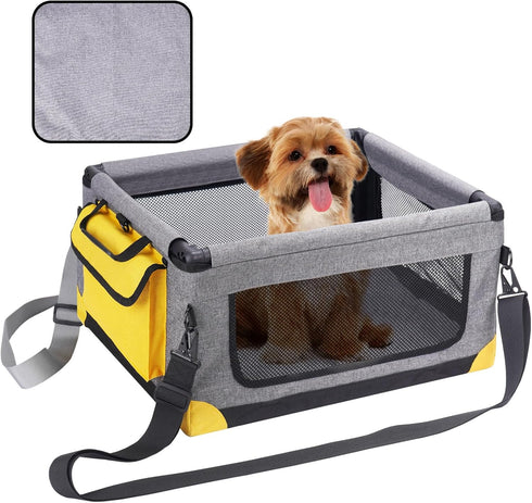 Deluxe Foldable Dog Car Seat for Small Dogs Under 20 lbs, Washable Pet Booster Seat with Mat, Storage Pocket, Dual