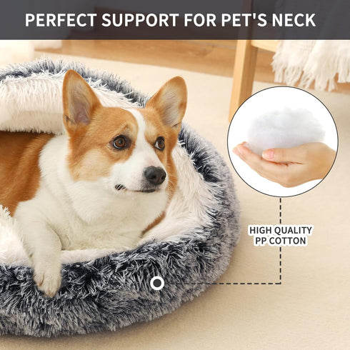 Round Hooded Dog Bed - Plush Cat Cave Self Warming Fluffy Pet Bed for Puppy and Kitty, Anti-Anxiety Donut Design