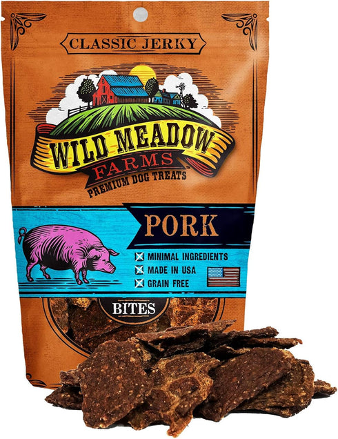 Wild Meadow Farms Classic Pork Bites, Soft Jerky Treats for Dogs, Grain-Free, 3.5 Ounce Pouch