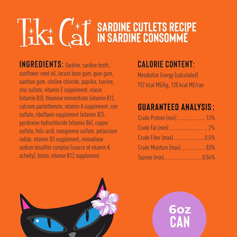 Tiki Cat Grill Sardine Cutlets, High-Protein Non-GMO Wet Cat Food for All Life Stages, 6 oz Cans (Pack of 8)