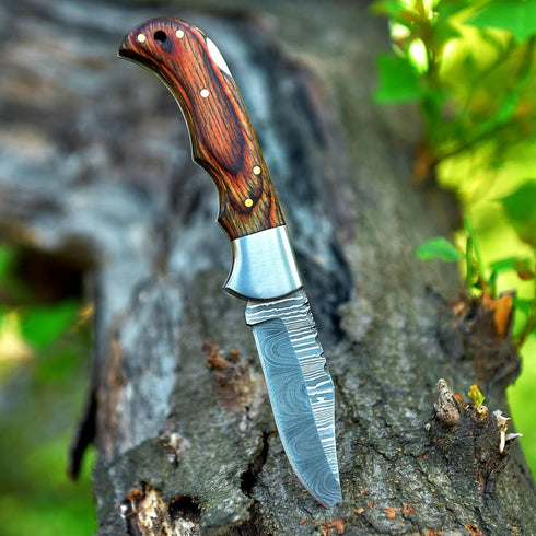 Handmade Damascus Pocket Knife, 6.5 Inches Folding Knife with Sheath, Brown, Best for EDC, Camping, Fishing