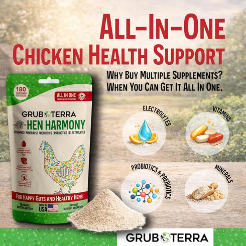 180 GrubTerra Hen Harmony All-in-One Chicken Electrolytes for Water with Probiotics & Prebiotics, Daily Gut Supplement