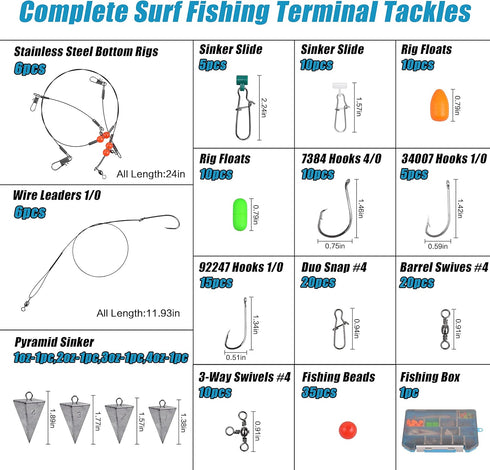 Surf Fishing Tackle Kit, 173pcs Ocean Saltwater Fishing Gear, Lures, Rigs, Weights, Hooks, Accessories