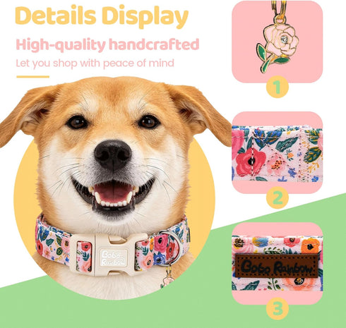 Dog Collars, Spring Blue Floral Print Pet Collar Holiday Light Pink Durable Adjustable Pendant Gift Collar with Quick