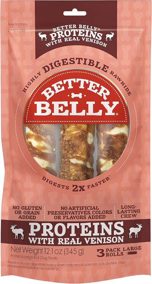 Better Belly Proteins with Real Venison Large Rolls 3 Count - Digestible Rawhide for Dogs, 12.1 Ounce