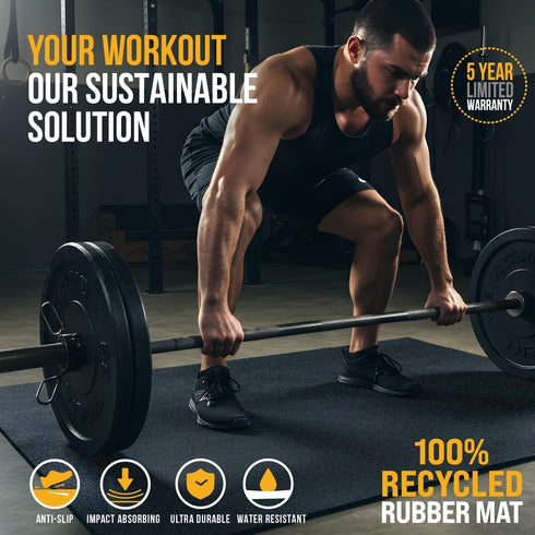 100% Rubber King Multi-Purpose Exercise Mat - Recycled Thick Rubber Mat for Home Gym Flooring, Non-Slip, Low-Odor