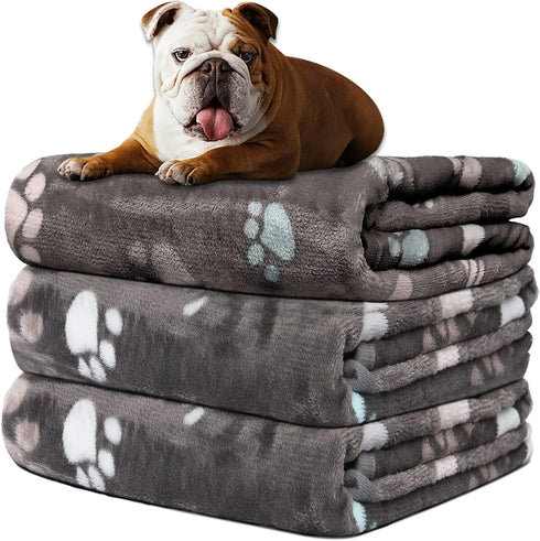 3 Pack Blankets for Dogs, Super Soft Fluffy Fleece, 30x20 inch Grey Flannel Throw for Dog, Puppy, Cat Paw