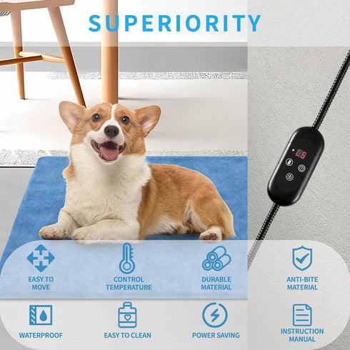 Pet Heating Pad for Dogs, Waterproof Electric Heated Pad Mat for Cats, Chew Resistant Cord, 5 Timer Levels, 15.7x27.5