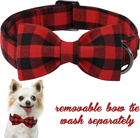 Unique Style Paws Cotton Dog Collar with Bow, Black Red Plaid for Small Medium Large Boys Girls
