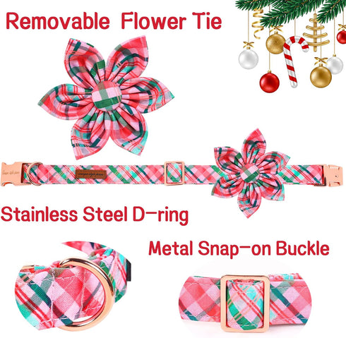 Unique Style Paws Dog Collar with Flower, Pink & Green Plaid, Best Gifts for Small Medium Large Dogs - XL