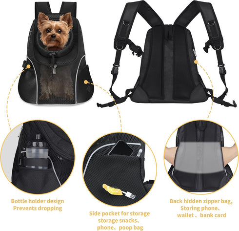 WOYYHO Pet Dog Carrier Backpack, Ventilated Mesh Front Backpack for Small Dogs, Safety Belt for Travel & Hiking (M,