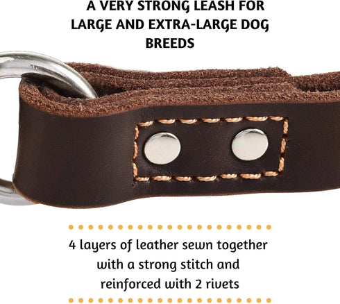 Short Leather Dog Leash, 12" Length x 1" Wide, Traffic Dog Leash for Medium, Large and Extra-Large Breeds