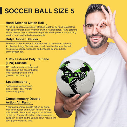 Footy Size 5 Soccer Ball - Hand Stitched Leather with Pump, Professional Youth Training Ball