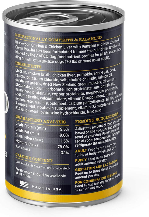 Blackwood Pet Food Grain Free Wet Dog Food, Chicken & Chicken Liver with Pumpkin, 13 oz Can, Pack of 12