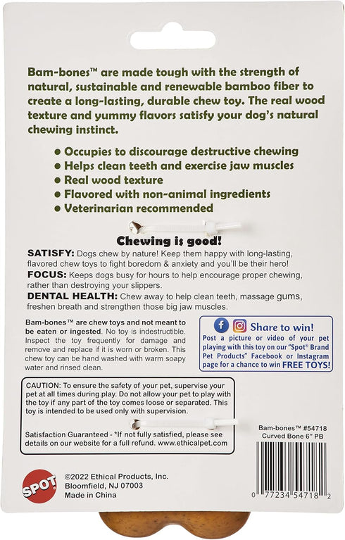 SPOT Bam-Bones Curved Bone, Strong Bamboo Fiber Chew Toy for Light to Moderate Chewers, 6in Peanut Butter Flavor