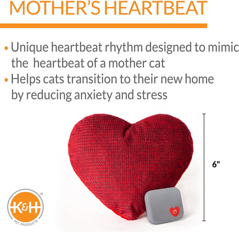 K&H Pet Products Mother's Heartbeat Plush Kitten Calming Toy, 6 Inch Heart Pillow for Red Kittens