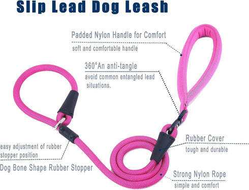 Slip Lead Dog Leash,Strong Nylon Rope Leash Anti-Choking Anti-Pull and Outdoor Walking Training Lead for Small Medium Large Dogs (Fuchsia,1/2"×4ft)