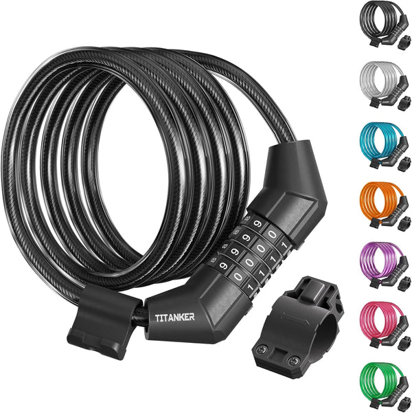 Titanker Bike Lock Cable, 4 Feet Basic Self Coiling Kids Bike Lock with Mounting Bracket (Black-8mm)