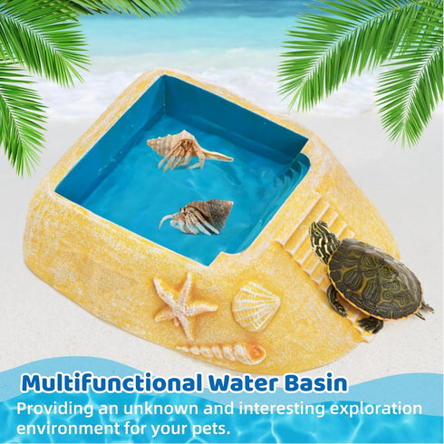 Hermit Crab Water Bowl with Climbing Ramp, Medium Reptile Water Bathing Pool Food Dish, Tortoise Habitat Aquarium Tank