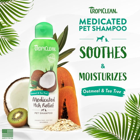 TropiClean Medicated Dog Shampoo for Allergies & Itching, Tea Tree & Oatmeal Shampoo for Sensitive Skin, 20 oz