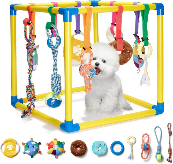 WooPetty Puppy Play Gym with 10 Hanging Toys, 19.6" Dog Jungle Gym PVC
