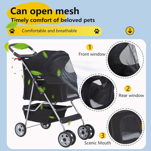 4-Wheel FDW Pet Stroller Dog Cat Stroller Travel Folding Carrier Puppy Stroller with Cup Holder and Removable Liner