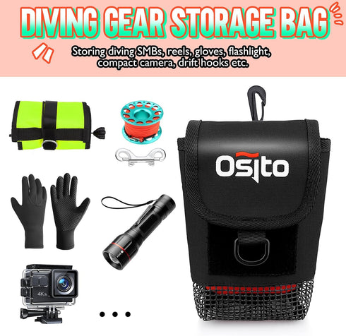Small Scuba Mesh Gear Bag with Dry Pocket, Swivel Clip, D-Ring, Hook & Loop Tape for Safety Marker Buoy and Accessories