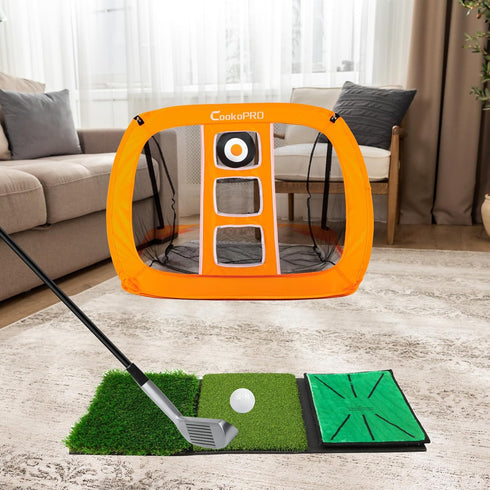 Golf Chipping Net Set with Pop Up Net, Durable Rubber Training Mat, 10 Golf Tees, 6 Practice Balls, Carry Bag