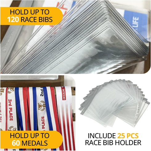 25 MK503A J JACKCUBE DESIGN Wood Marathon Medal and Race Bibs Display Hanger Holder Include Race Bibs Flip Pouches
