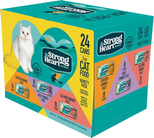 A Strong Heart Canned Wet Cat Food Variety Pack - Chicken, Beef and Salmon, 3 oz Cans (Pack of 24), Made in The USA