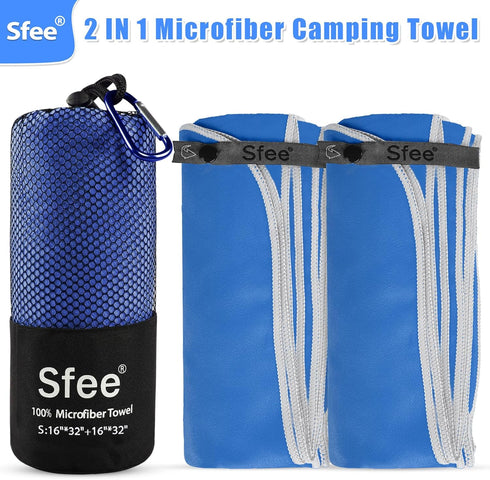 Sfee 2 Pack Microfiber Travel Towel - Quick Dry Camping Beach Super Absorbent Lightweight Sports Set for Gym, Hiking,