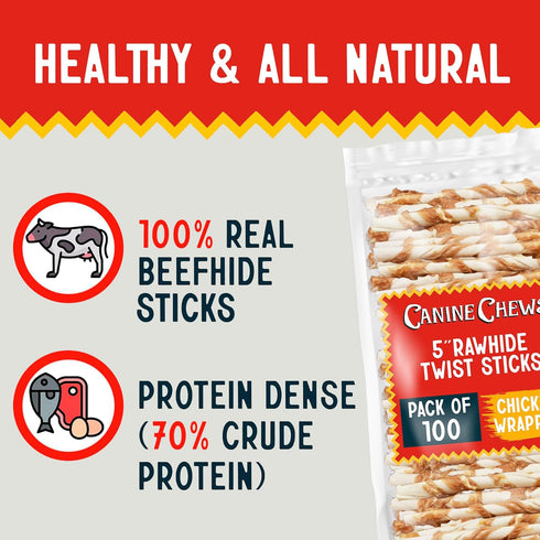Pack 100 Canine Chews Chicken-Wrapped Rawhide Twists for Dogs - of U.S.A. Sourced Chicken Wrapped Rawhide Dog Treats