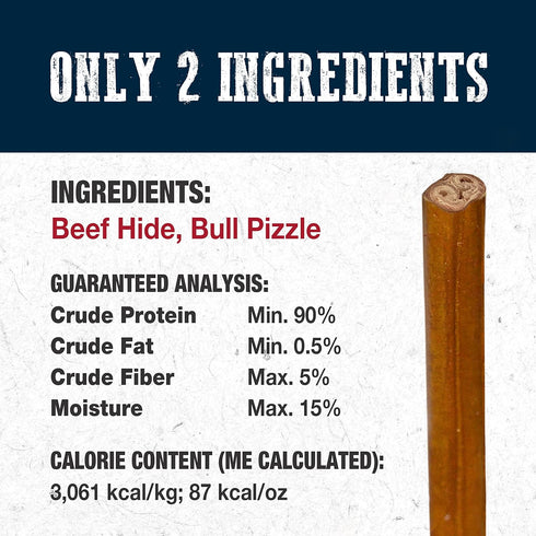 Cadet Bully Hide Sticks for Large Dogs – All-Natural Beef Pizzle, Low Fat, High Protein, 8 Count, Grain & Rawhide-Free