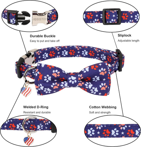 ADOGGYGO American Flag Dog Collar with Bowtie, 4th of July Adjustable Patriotic Collars for Small Medium Large Dogs