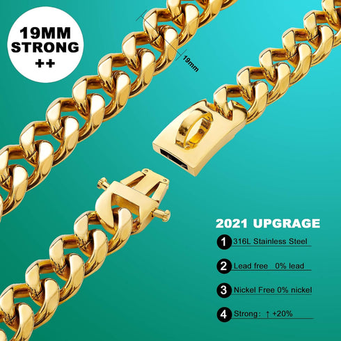 Gold Chain Dog Collar, Designer Cuban Link Chain Collar with Safety Design Buckle (19MM, 26")
