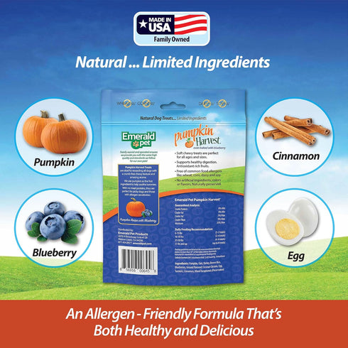 Emerald Pet Pumpkin Harvest Dog Treats - Low-Fat Chewy Natural Treats for Digestive Health, 6 oz
