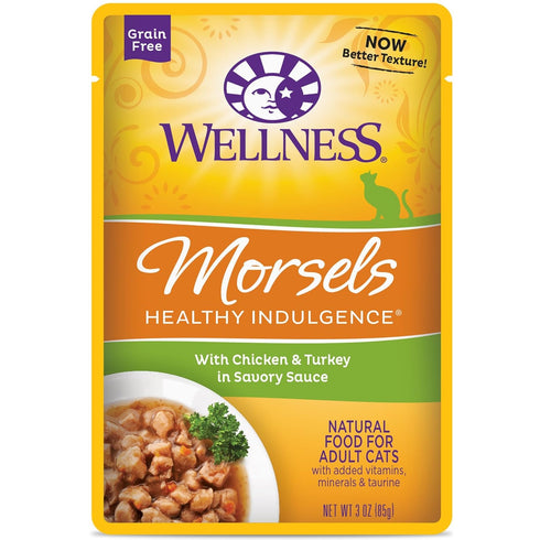 Wellness Healthy Indulgence Natural Grain Free Wet Cat Food, Chicken & Turkey Morsels, 3-Ounce Pouch (Pack of 24)