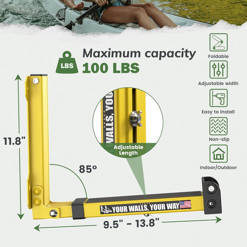 GanFindX Heavy-Duty Foldable Kayak Wall Rack, 9.5-13.8" Storage Hanger for Canoe, Paddle Board, Surfboard