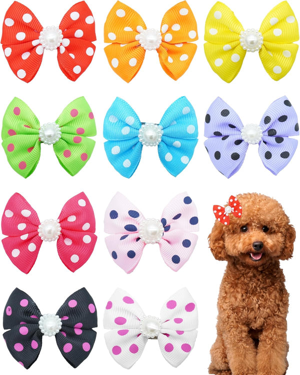 PET SHOW 10Pcs 2" Dot Small Dogs Hair Bows, French Clips, Yorkie Bowknot Barrette Clips for Medium Dogs