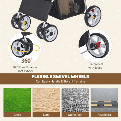 4 ZENY Foldable Pet Stroller, Cat/Dog Stroller with Wheel, Pet Travel Carrier Strolling Cart with Storage Basket, Cup