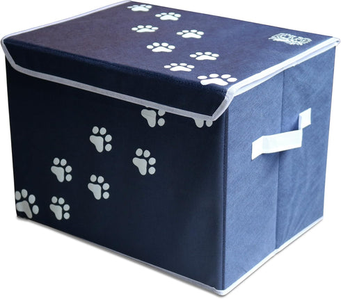 Large Dog Toys Storage Box - 16" x 12" Pet Toy Storage Basket with Lid, Collapsible Canvas Bin (Blue)