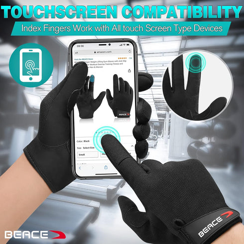BEACE Full Finger Weight Lifting Gym Gloves with Anti-Slip Leather Palm for Workout Exercise Training Fitness