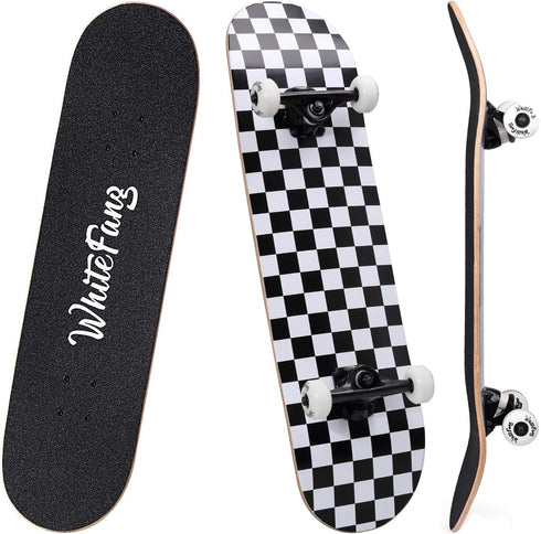 WhiteFang Complete Skateboard for Beginners, 31 x 7.88, 7 Layer Canadian Maple, Double Kick Concave