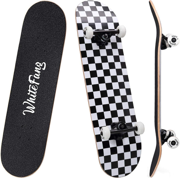 WhiteFang Complete Skateboard for Beginners, 31 x 7.88, 7 Layer Canadian Maple, Double Kick Concave